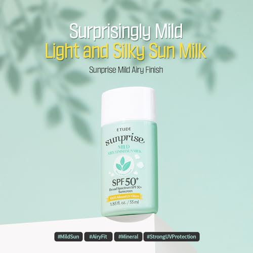 ETUDE Sunprise Mild Airy Finish Sun Milk SPF50+ / PA++++ (55ml) | Sebum-free, Non-Sticky, Long Lasting Protection, 100% Mineral Based Korean Sunscreen, Korean Skin Care