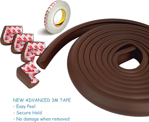 Furniture Edge 16.2ft & Corner Guards | Protective Foam Cushion | 15ft Bumper 4 Adhesive Childsafe Corners | Baby Child Proofing Foam Set and Safe for Table, Fireplace, Countertop | Brown
