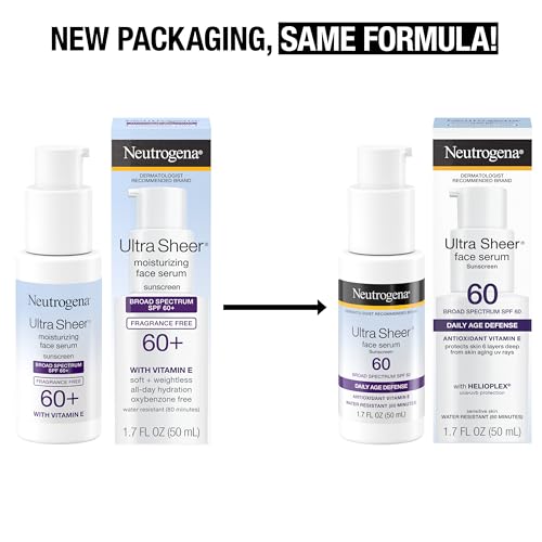 Neutrogena Ultra Sheer Moisturizing Face Serum with Vitamin E & SPF 60, All Day Facial Sunscreen Serum with Broad Spectrum UVA/UVB Protection, Fragrance-Free, Oxybenzone-Free, 1.7 Fl Oz