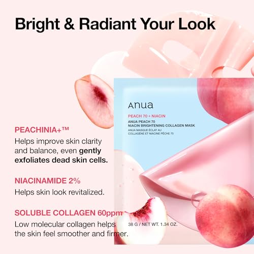 ANUA Peach 70 Niacin Brightening Collagen Mask, Overnight Face Mask for Glass Skin, Niacinamide, Collagen Facial Mask, Glow up with Hydration, Natural Color, Korean Skin Care (38g, 4ea)