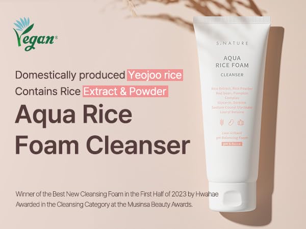 S.Nature AQUA RICE FOAM CLEANSER | Facial Cleanser, Rice Extract Rice Powder Cleanser with Mild Cleansing, Glycerin,Vegan, Face Wash, Korean Skincare (5.41Fl Oz)