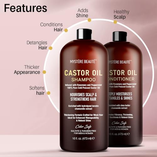 Castor Oil Shampoo and Conditioner - Sulfate Free with Peppermint Oil, Lavender and Rosemary - Castor Oil Shampoo for Hair Growth - Hydrating and Nourishing Castor Oil Shampoo - 16 oz each