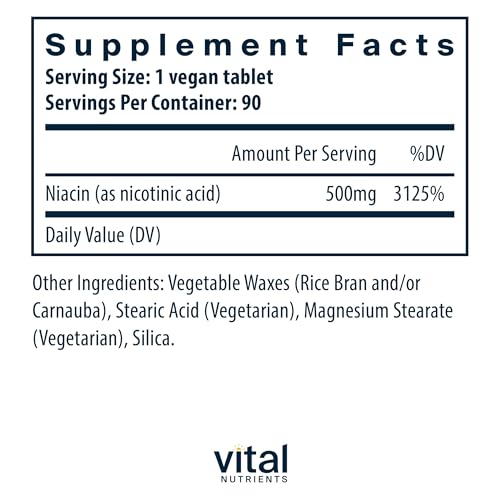 Vital Nutrients Niacin 500mg | Timed-Release Niacin Supplement for Men & Women | Vitamin B3 Supports Heart Health and Protein & Fat Metabolism | Gluten, Dairy, Soy Free | Non-GMO | 90 Tablets