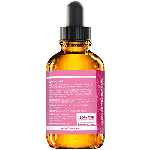 Leven Rose Green Coffee Bean Oil 100% Natural Pure Cold Pressed Unrefined Coffeebean Oil For Around Eyes, Face, Nails, Skin, And Hair- 1 oz Bottle (1 ounce)