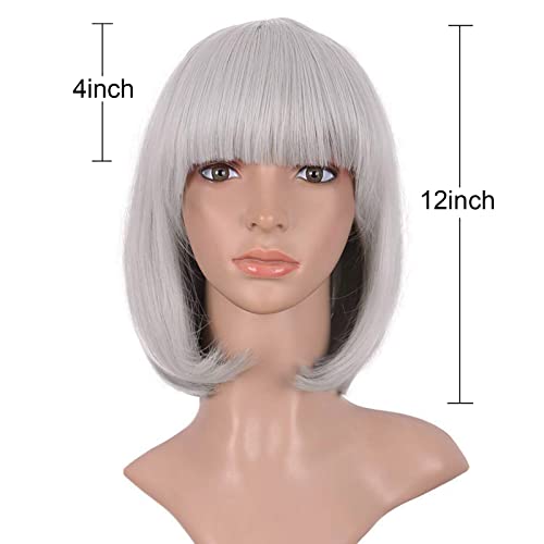 MapofBeauty 12 Inch/30cm Fashion Lady Short Straight Flat Bangs Bob Wig (Silver)
