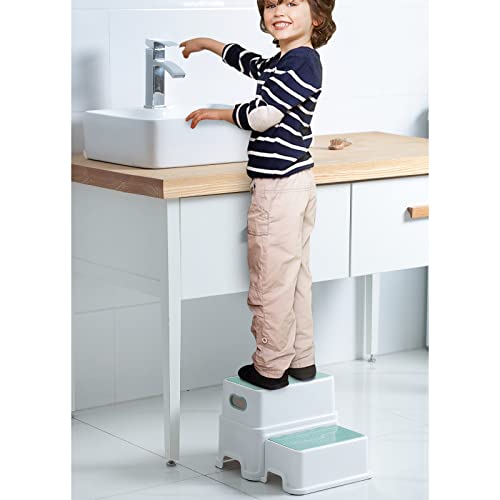 Victostar 2 Step Stool for Kids, Anti-Slip Sturdy Toddler Two Step Stool for Toilet Potty Training, Bathroom,Kitchen (Green-White)