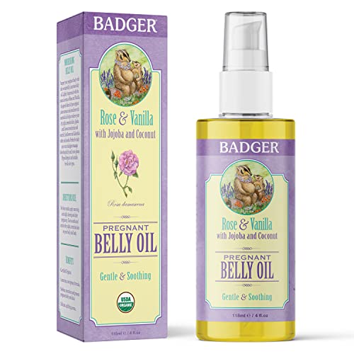 Badger Pregnant Belly Oil, Organic Stretch Mark Oil Soothes & Prevents Stretch Marks, Vegan Hypoallergenic Non-Greasy w/Jojoba, Coconut, Rose & Vanilla, 4 fl oz Glass Bottle