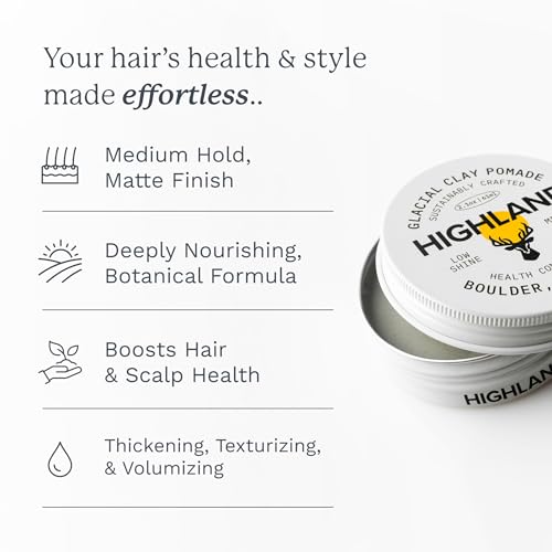 Highland Glacial Hair Clay Pomade - Award winning hair styling clay for men and women made with 100% all natural and organic ingredients that promote hair and scalp health. Low shine, Medium Hold.