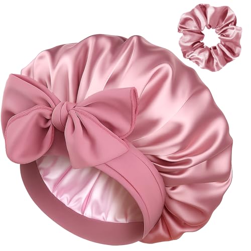 YANIBEST Satin Silk Bonnet for Sleeping Women, Double Layer Hair Bonnet with Elastic Tie Band for Curly Natural Hair, Beanpaste Pink