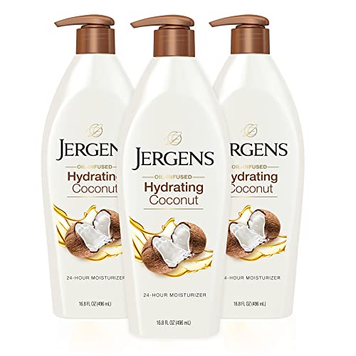 Jergens Hydrating Coconut Body Lotion, Hand and Body Moisturizer, Infused with Coconut Oil, Hydrates Dry Skin Instantly, Dermatologist Tested, 16.8 oz, Pack of 3