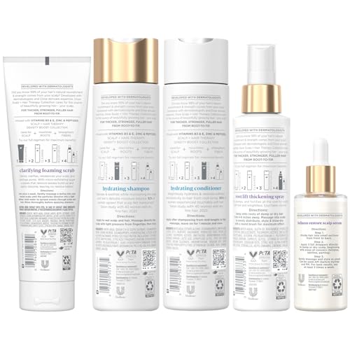 Dove Scalp + Hair Therapy Bundle – Clarifying Foaming Scrub, Hydrating Shampoo & Conditioner, Root Lift Thickening Spray + Fullness Restore Scalp Serum (5 Piece Set)