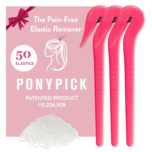 THE PONY PICK Hair Elastic Rubber Bands Cutter Tool – Easy To Use, Pain Free, No Hair Damage – Ponytail Cutter Tool for Kids & Toddlers (3 Packs of Pony Pick & 50 Clear Hair Elastics)
