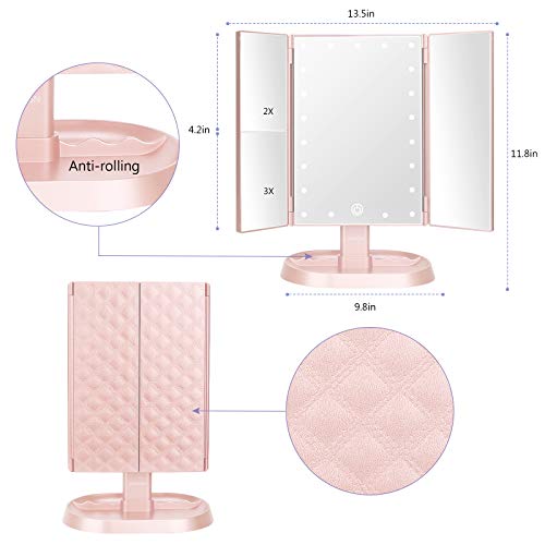 deweisn Trifold Lighted Vanity Makeup Mirror with 21 LED Lights,1x/2x/3x Magnification and Touch Screen Dimming,Two Power Supplies Makeup Mirror, Gift for Women