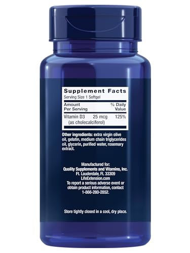 Life Extension Vitamin D3 25 mcg (1000 IU), Immune System Support, Bone Health, Whole-Body Health, Value Size, Gluten-Free, Non-GMO, 250 softgels