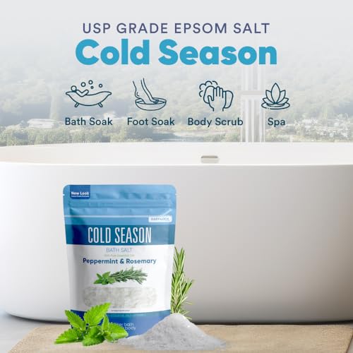 Cold Season Bath Salt 32 Ounces (2 Lbs) USP Grade Epsom Salt with Natural Rosemary and Peppermint Pure Essential Oils Plus Vitamin C in BPA Free Pouch with Easy Press Lock Seal Made in USA