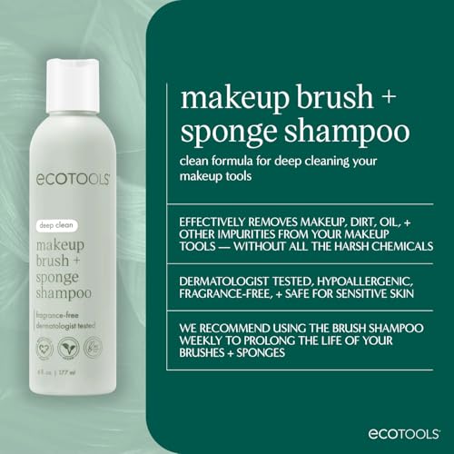 EcoTools XL Makeup Brush + Sponge Shampoo, Removes Makeup, Dirt, & Impurities From Makeup Brushes & Makeup Blending Sponges, Fragrance-Free, Vegan, & Cruelty-Free 16 fl. oz./473 ml, 1 Count, Clear