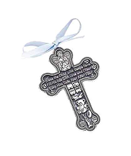 Bless The Child - GUARDIAN ANGEL Baby BOY Crib Cross PEWTER Medal/CHRISTENING/BABY SHOWER Keepsake/Baptism KEEPSAKE/with BLUE RIBBON
