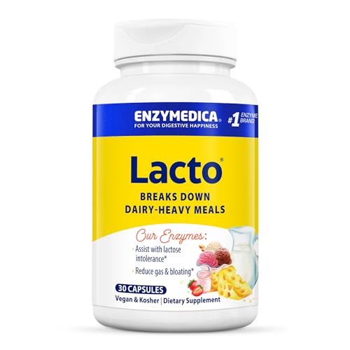 Enzymedica Lacto, Digestive Enzymes for Complete Dairy Digestion, Offers Fast-Acting Gas & Bloating Relief, Standard Packaging, 30 Count
