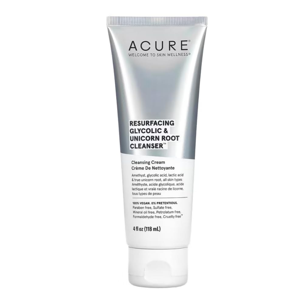 ACURE Resurfacing Glycolic + Unicorn Root Cleanser | 100% Vegan | Amethyst, Glycolic, Lactic & True Unicorn Root - Resurface, Refine & Hydrates | All Skin Types | 4 Fl Oz