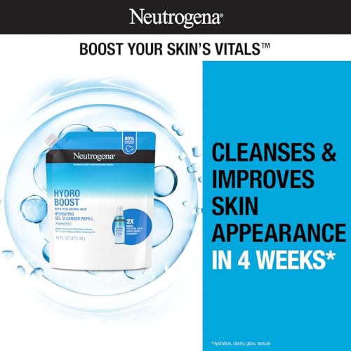 Neutrogena Hydro Boost Fragrance Free Hydrating Gel Facial Cleanser with Hyaluronic Acid, Daily Foaming Face Wash & Makeup Remover, Gentle Face Wash, Non-Comedogenic, Refill Pouch, 16 fl. oz