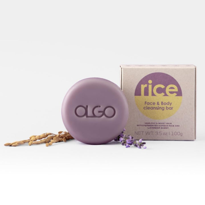 OLGO Rice Cleansing Bar 3.5 oz - Soap-free cleansing bar for face and body | crystal clear & moist skin with fermented Korean rice water and natural lavender oil | vegan, sustainable formula