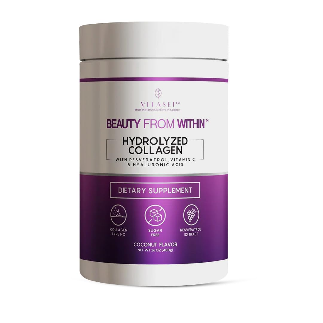VITASEI Hydrolyzed Collagen Peptides Powder with Vitamin C & Resveratrol - Hair, Skin and Nails Vitamins for Women & Men - Bone and Joint Supplement - Coconut Flavored - 16 oz