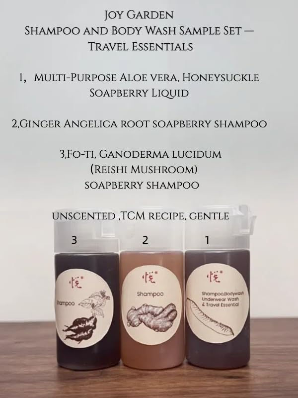 Multi-Purpose Aloe vera, Honeysuckle & Soapberry Liquid & Fo-ti,Ganoderma lucidum& soapberry shampoo & Ginger & Angelica root soapberry shampoo travel samples Joy Garden unscented,TCM recipe mild