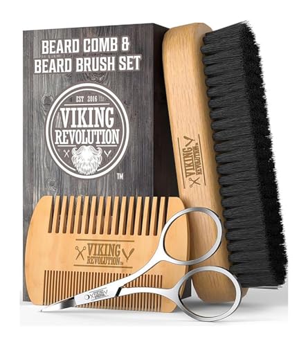 Viking Revolution Beard Comb & Beard Brush Set for Men -- Natural Boar Bristle Brush and Dual Action Pear Wood Comb w/Velvet Travel Pouch - Great for Grooming Beards and Mustaches