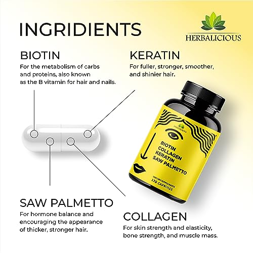 HERBALICIOUS Biotin Vitamins with Collagen, Keratin & Saw Palmetto for Women and Men - Biotin 10000 mcg Hair Skin Nails Supplement for Hair, Skin, and Nails Wellness - Made in USA, 120 Capsules