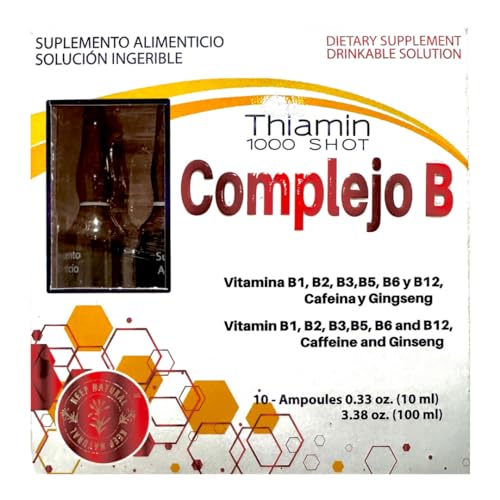 Thiamin B Complex, Complejo B 1000 Shot | Multi-Vitamins, Caffeine, and Ginseng | Box with 10 Ampoules of 10ml | Energy, Cognitive Function, and Metabolic Health Boost.