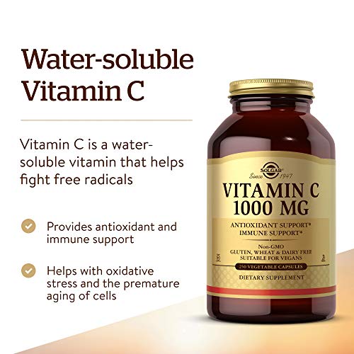 Solgar Vitamin C 1000 mg, 250 Vegetable Capsules - Antioxidant & Immune Support - Overall Health - Healthy Skin & Joints - Bioflavonoids Supplement - Non GMO, Vegan, Gluten No, Kosher - 250 Servings