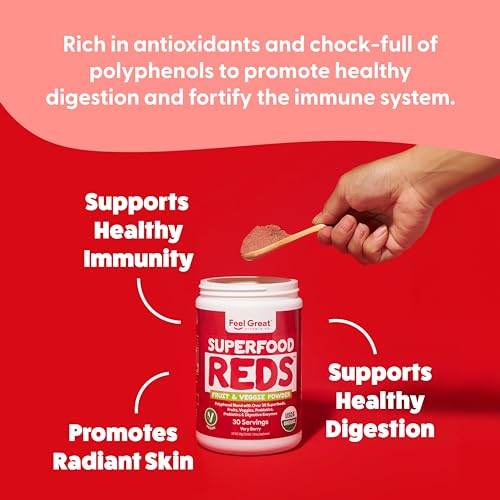 Feel Great Organic Superfood Reds Powder Packed with Beet Root Powder | Digestive Support Including Bloating Relief | Fruit and Veggie Polyphenols Supplement.