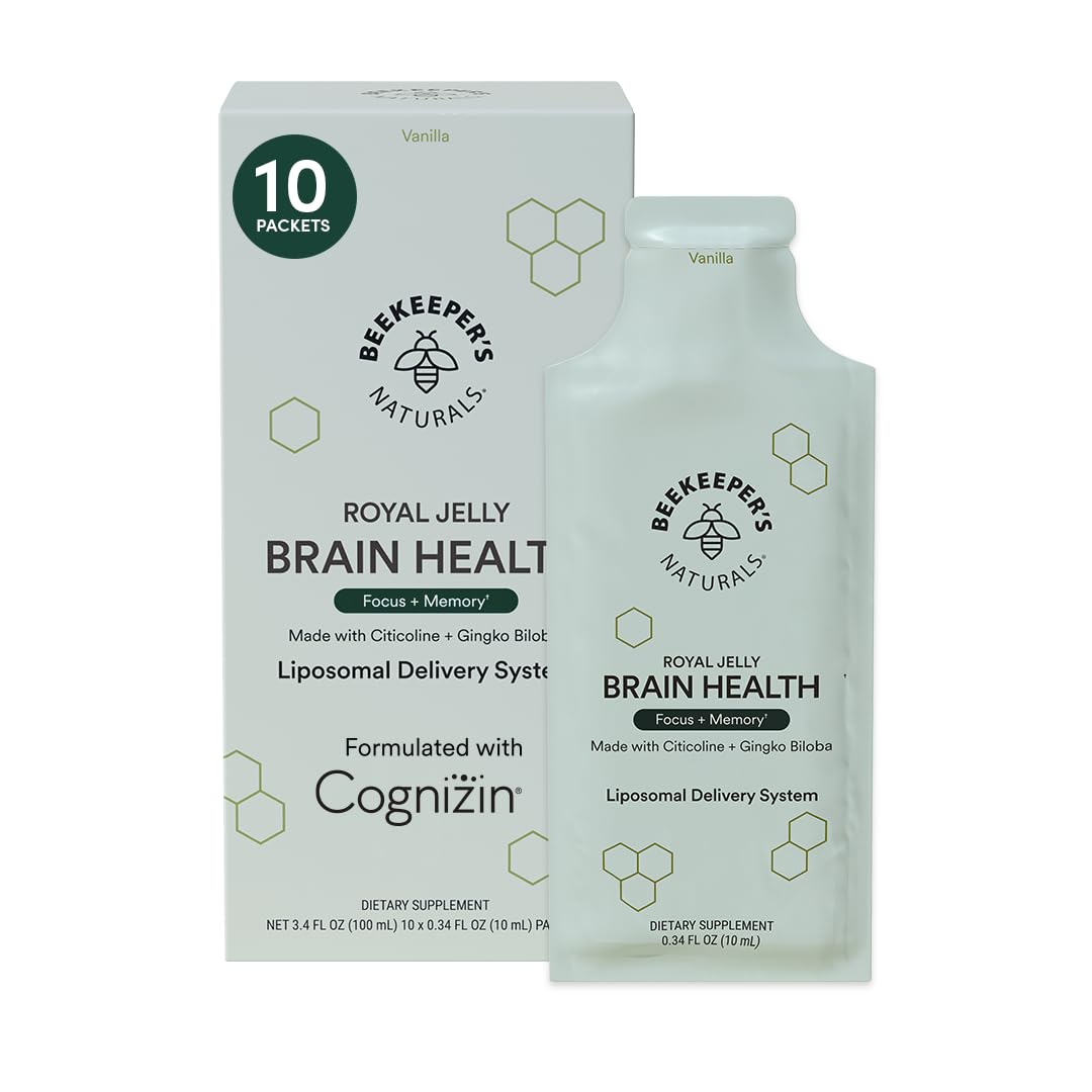 Nootropic Brain supplement by Beekeeper's Naturals, 500mg Citocoline, Ginkgo Biloba, Bacopa Monnieri & Royal Jelly, Supports Focus & Memory, Easier Absorption, Plus a Tasty Vanilla Flavor, 10ct
