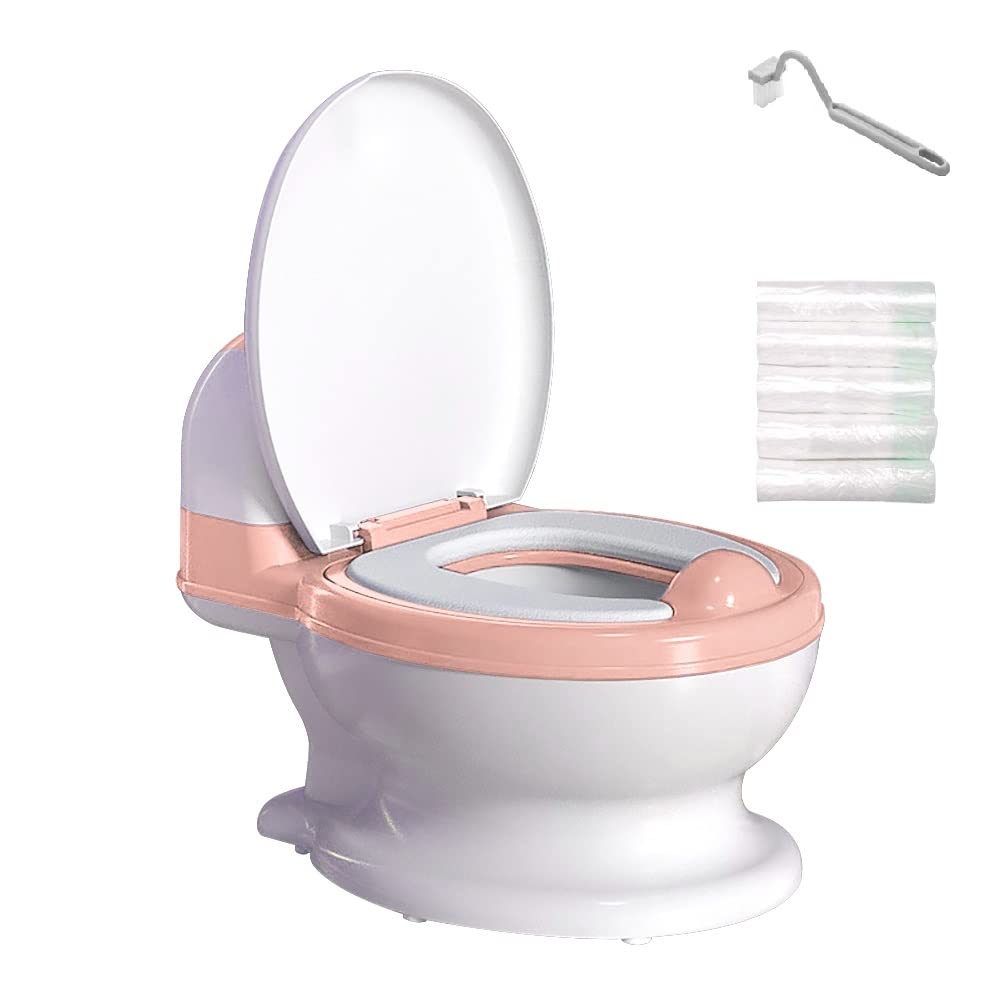 Potty Training Toilet, Realistic Potty Training Seat, Toddler Potty Chair with Soft Seat, Removable Potty Pot, Toilet Tissue Dispenser and Splash Guard, Non-Slip for Toddler& Baby&Kids White, Pink