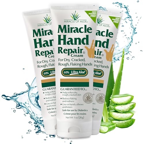 Miracle of Aloe Miracle Hand Repair Cream 1 oz Healing Aloe Vera Lotion for Dry, Cracked Hands with 60% Ultra Aloe Gel - Moisturizes, Softens, and Repairs - Non-Greasy (3-Pack)