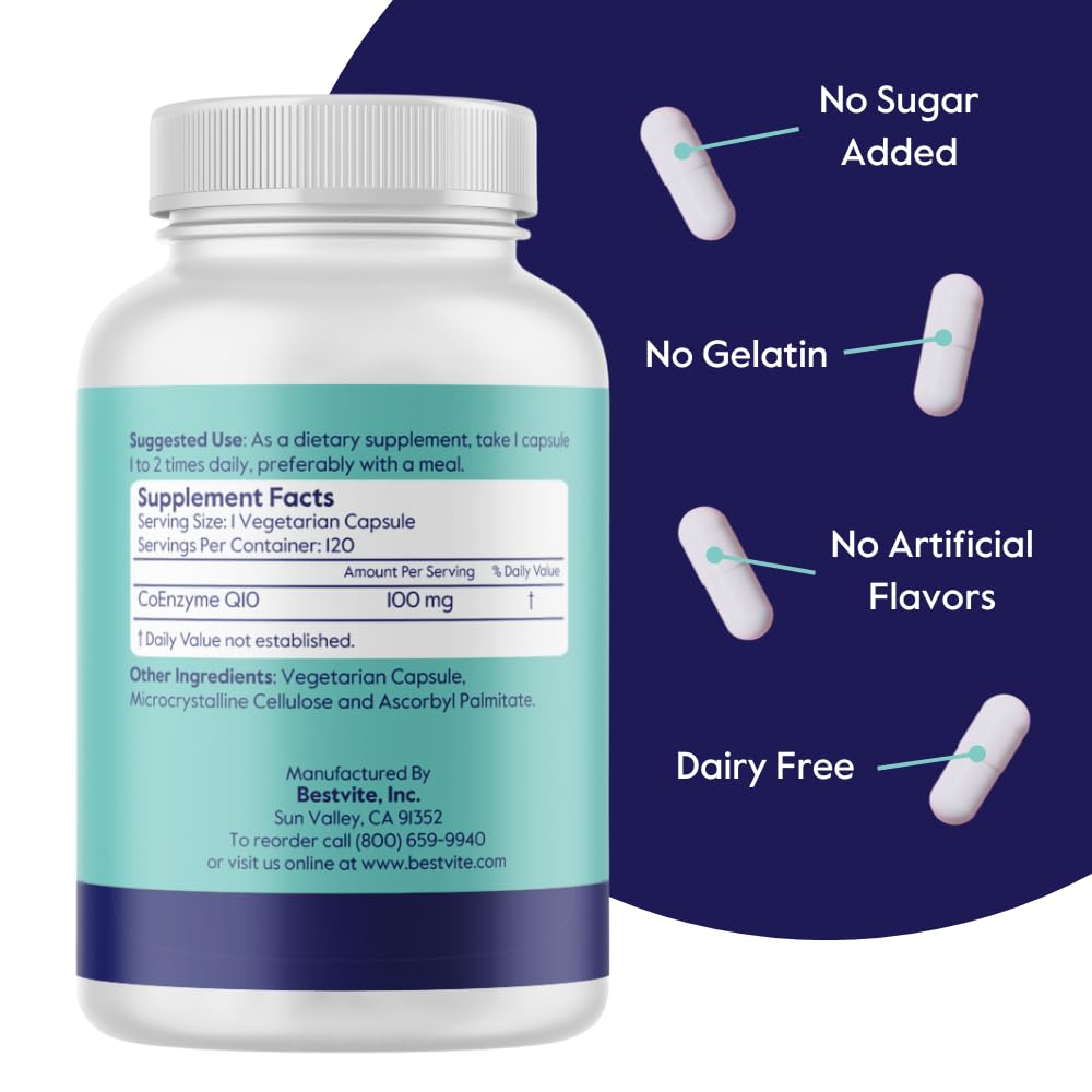 BESTVITE Coenzyme CoQ10 100mg (240 Vegetarian Capsules) (2-Pack) Naturally Fermented - No Stearates - No Fillers - Vegan - Non GMO - Gluten Free
