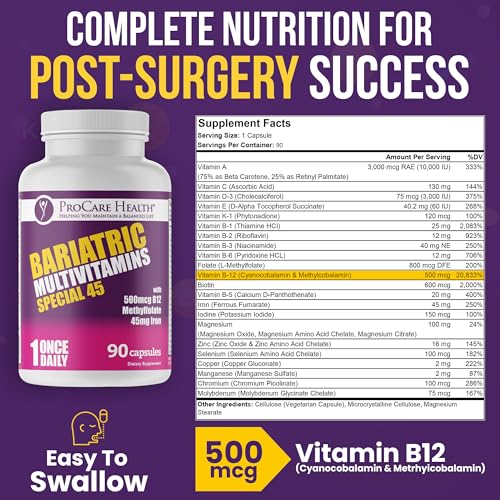 ProCare Health Bariatric Multivitamin with Iron (90 Capsule) - 45mg Iron with Reduced B12 - Post Op Bariatric Vitamins for Gastric Bypass Sleeve Patients, Sustains Recovery & Energy (03 Month Supply)