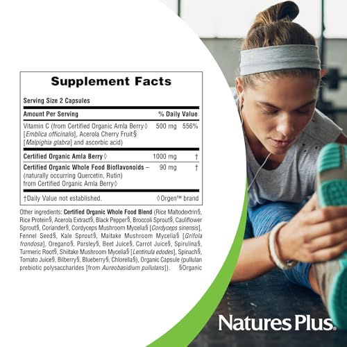 Natures Plus Source of Life Garden Certified Organic Vitamin C - 500 mg, 60 Vegan Capsules - Whole Food Immune Support Supplement, Antioxidant - Vegetarian, Gluten-Free - 30 Servings