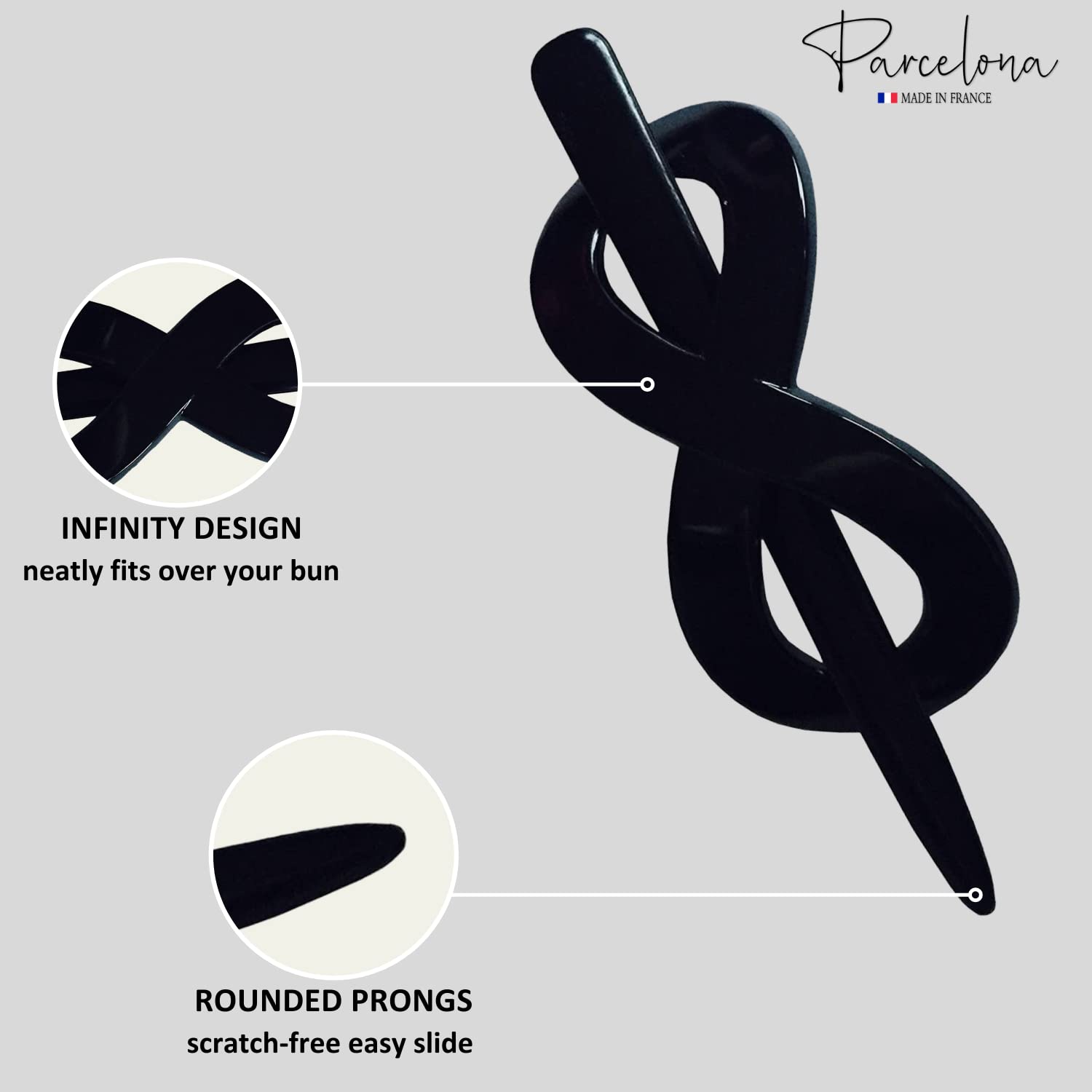 Parcelona French Infinity Glossy Black Celluloid Acetate Bun Cover Hair Slider Pin Thru Barrette Clip with Stick