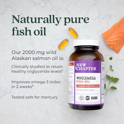 New Chapter Wholemega Fish Oil Supplement - Wild Alaskan Salmon Oil with Omega-3 + Vitamin D3 + Astaxanthin + Sustainably Caught - 60 ct, 1000mg Softgels