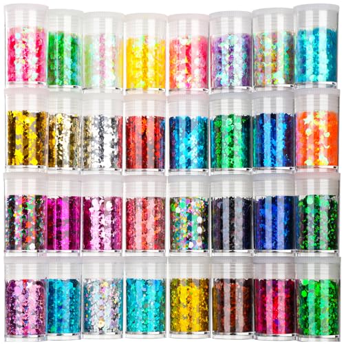 Teenitor Glitter, Chunky Glitter Mixed, Nail Glitter with Stars, Cosmetic Face Body Eye Hair Glitter, 32pcs