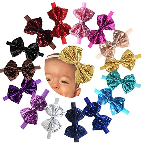 CellElection 15Pcs Baby Girls Headbands 4'' Big Boutique Bling Sparkly Glitter Sequin Hair Bows Headband Elastic Hair Bands Hair Accessories for Toddlers Infants Newborns