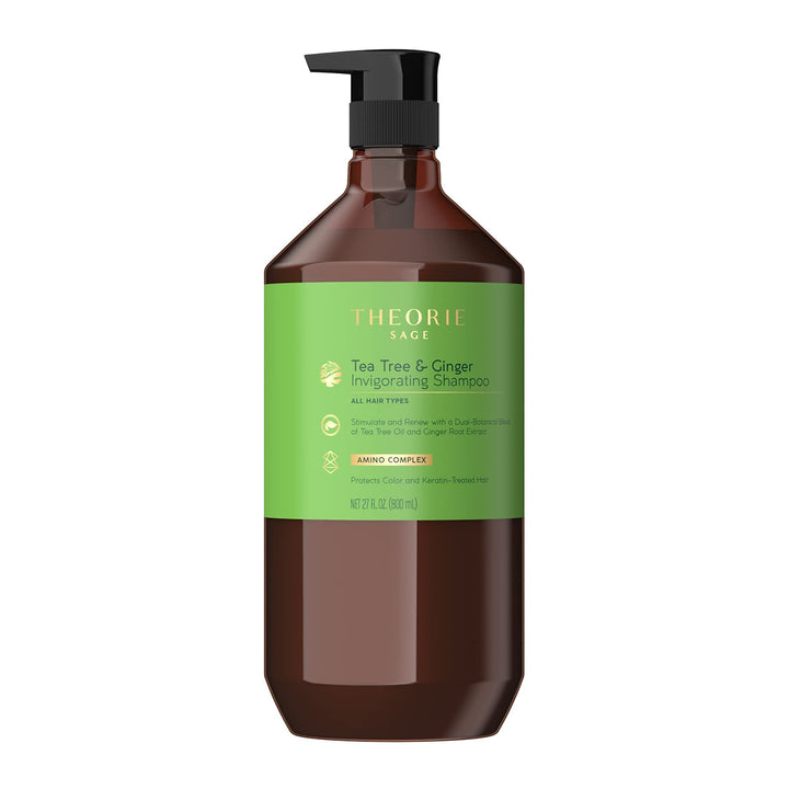 Theorie Tea Tree and Ginger Invigorating Shampoo | Stimulate & Renew with Natural Shine | Suited for All Hair Types - Protects Color and Keratin Treated Hair, Pump Bottle - 800mL