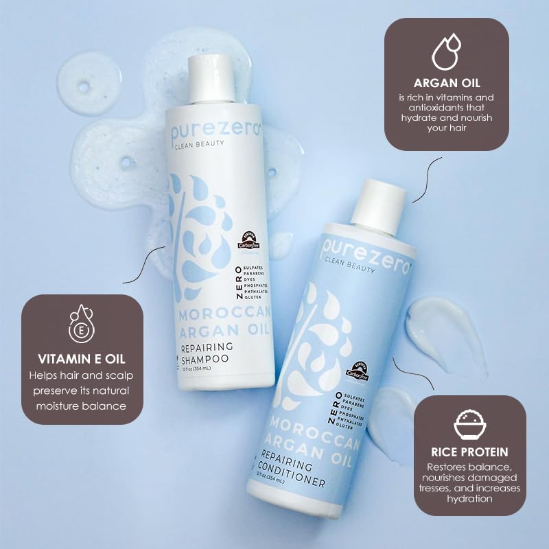 Purezero Moroccan Argan Oil Shampoo & Conditioner set - Repair Damaged Hair - Fight Dandruff & Frizz - Zero Sulfates, Parabens, Dyes, Gluten - 100% Vegan & Cruelty Free - Great For Color Treated Hair