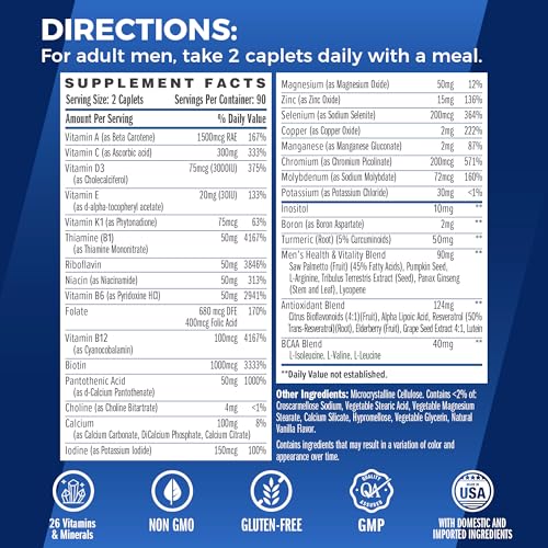 Vitamin World Ultra 360 Multivitamin for Men, Men's Multivitamin with Herbs & Antioxidants for Energy & Performance, Supplement with Vitamin A, C, D, E, B12 & Zinc for Immune Support, 180 Caplets