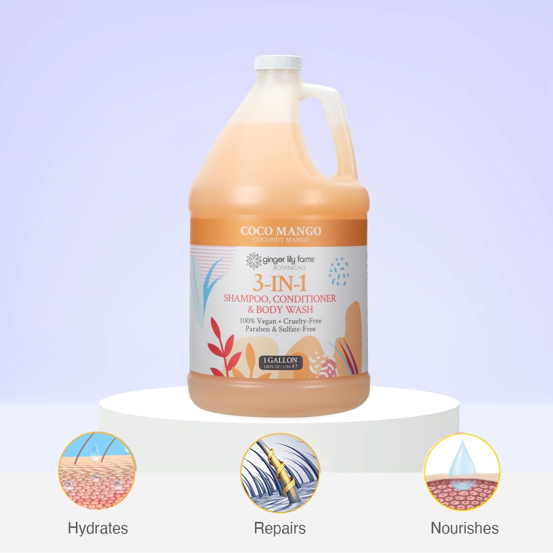 Ginger Lily Farms Botanicals 3-in-1 Shampoo, Conditioner & Body Wash, Coco Mango, 100% Vegan & Cruelty-Free, Coconut Mango Scent, 1 Gallon (128 fl oz) Refill