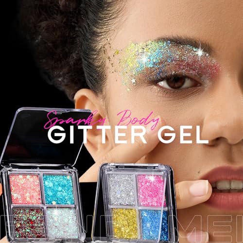 FANDAMEI Face Glitter, Body Glitter for Women, 2 Glitter Palette 8 Colors Glitter Gel for Face, Hair Glitter & Face Glitter for Kids, Fairy Rave Mermaid Glitter Makeup, Glitter for Face, Face Sparkles