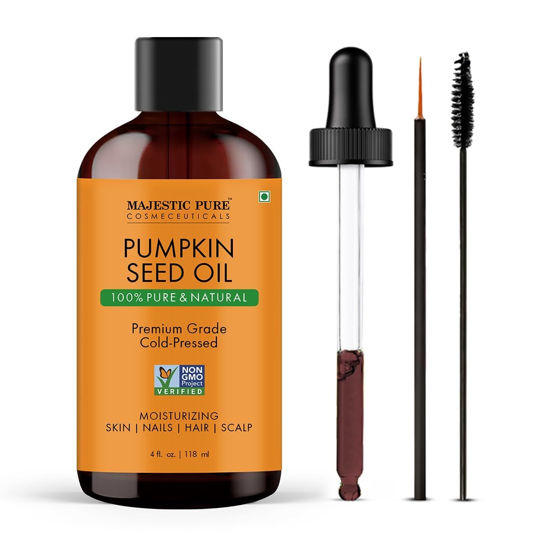 Majestic Pure Pumpkin Seed Oil - 100% Pure & Natural - Premium Grade, Cold Pressed, Hexane Free - Hair, Eyelashes, Eyebrows, Nails - Moisturizing & Nourishing - 4 Fl Oz