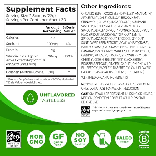 Orgain Hydrolyzed Collagen Powder + 50 Organic Superfoods For Women & Men, 20g Grass Fed Collagen with Vitamin C, Unflavored - Hair, Skin, Nail, & Joint Support Supplement, Non-GMO, Type I & III, 1lb