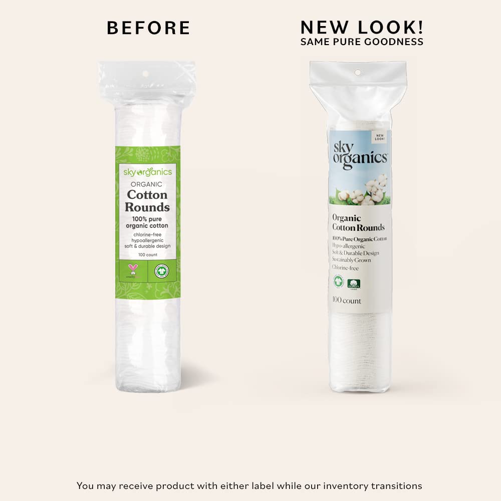 Cotton Rounds Organic by Sky Organics (100 ct.), Fragrance & Chlorine-Free Cotton Pads, 100% Biodegradable Ultra Absorbent Cotton Pads, Cruelty-Free Natural Make Up Removal & Personal Care